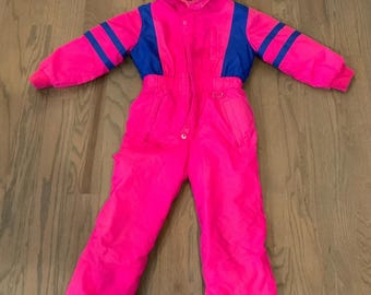 80er Hot Pink Kinder Schneeanzug, Raewiks, Lila Blau, Overall, Kapuze, Seitentaschen, Brusttasche ~879