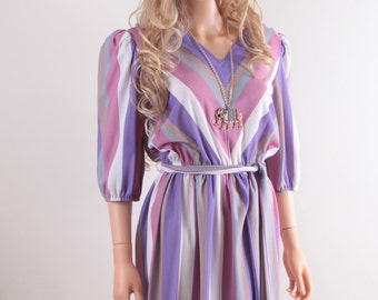 Gemetric Stripes Vintage Dress Aygee Pink, Purple, Grey and White ~ Boom Thang ~ 20-01-733