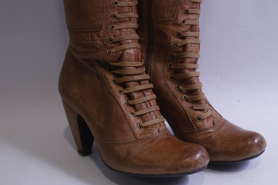 Victorian Boots Brown Leather Miz Mooz Size 7.5 Tall Boots Wrapped Heel Inner Zip Closure Stylish Footwear WH 012 210 Etsy