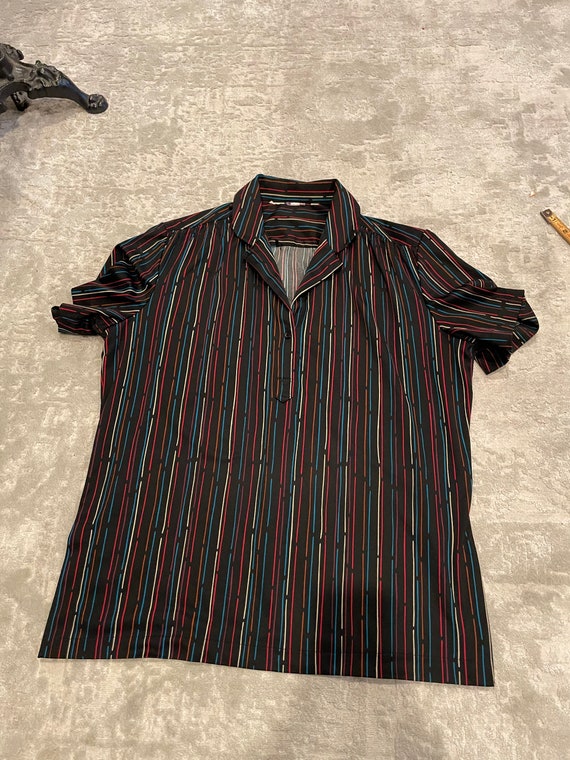 70s Black, Striped, Polo Shirt, Short Sleeve, Buttons