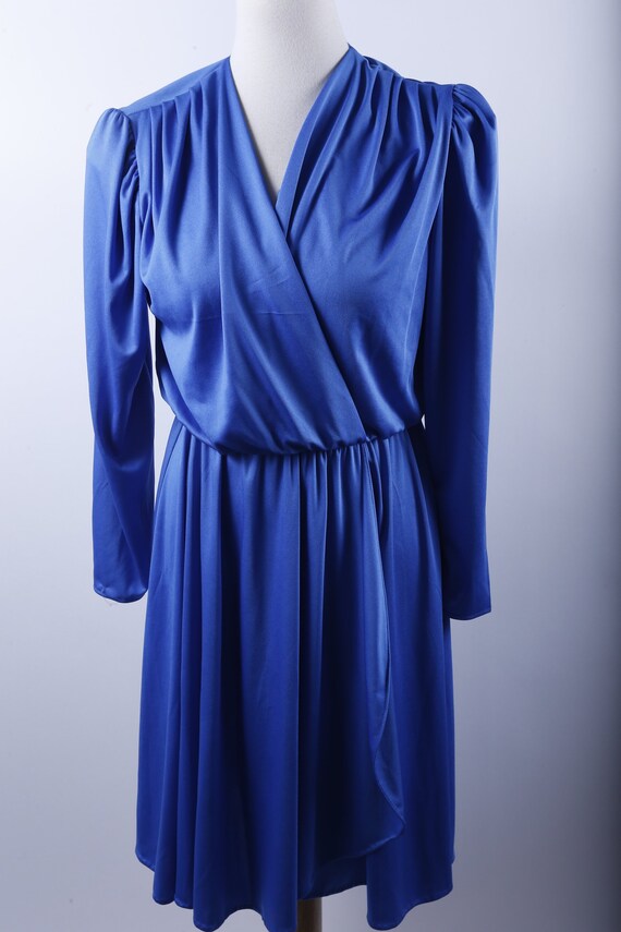 70s Polyester Blue, Dress, Open Collar, Long Sleev