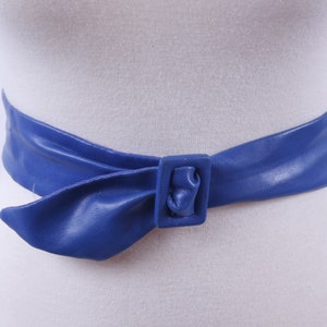 Blue Leather Belt Rectangular Blue Buckle 34&quot; Clothes Outfit Vintage 1980s thin pleather fabric belt ~ 20-01-259