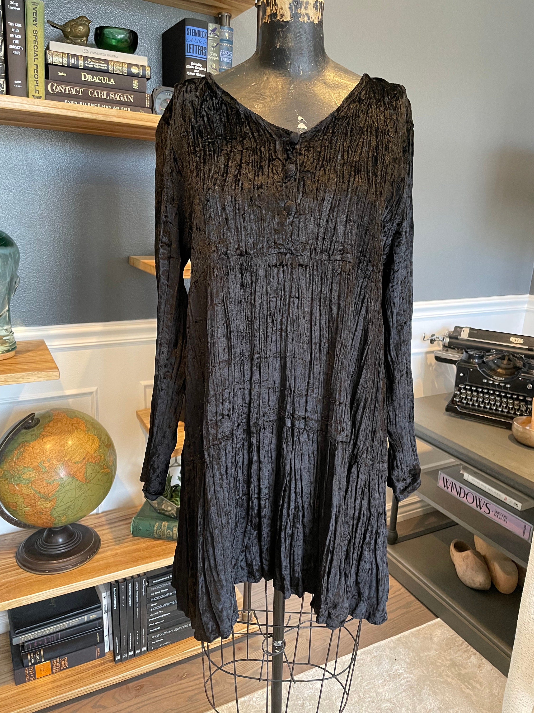 90s Crushed Velevet Contempo Casuals Black Dress Tunic -