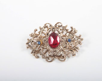 Ornate Art Deco Style Brooch, Vintage, Red Rhinestone in Center, Faux Ruby, Gold Tone, Floral Motif, Jewellery, Pin ~ 20-01-118