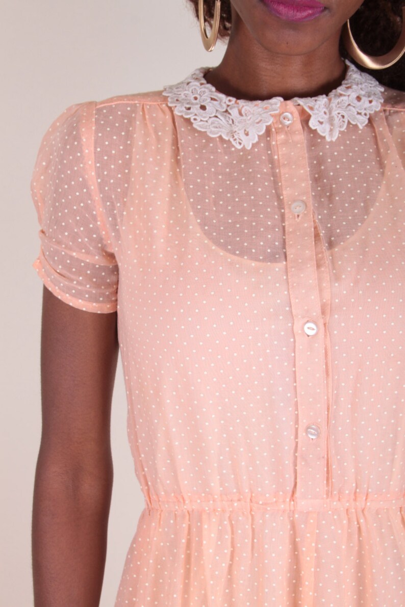 Peach, Polka Dot Dress, See Through, Sheer, Baby Doll, Lace Collar, Button Up, Innocent Dress, Light Pink ~ Boom Thang ~ 170215 Peach, Polka Dot Dress, See Through, Sheer, Baby Doll, Lace Collar, Button Up, Innocent Dress, Light Pink ~ Boom Thang ~ 170215