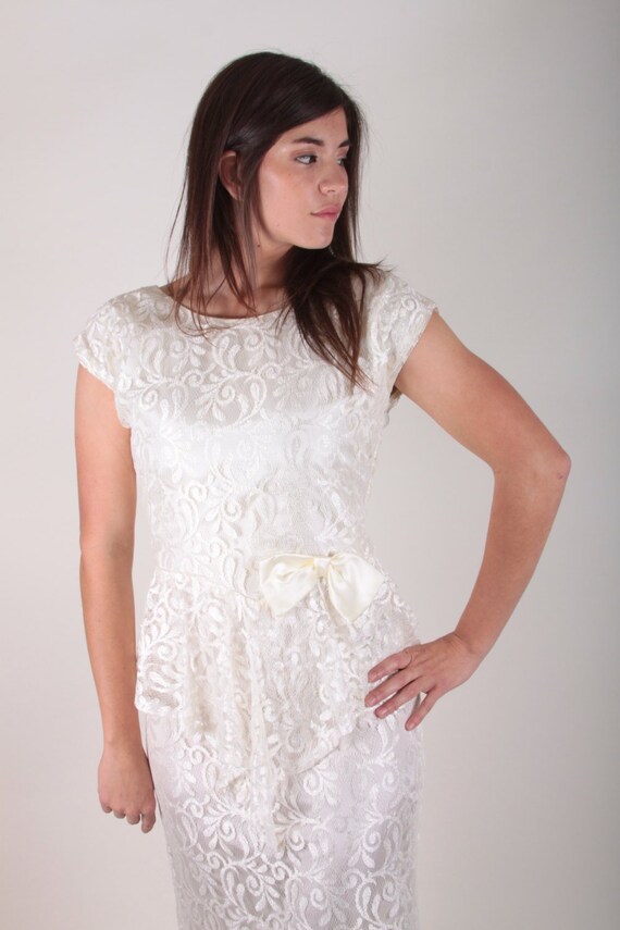 Vintage, White Lace, 80s, Bow, Prom Dress, Wedding Dress, White, Dress, Lace,  Bow, Cap Sleeves, Boat Neck, Peplum ~ Boom Thang ~ 20-01-837 - Etsy