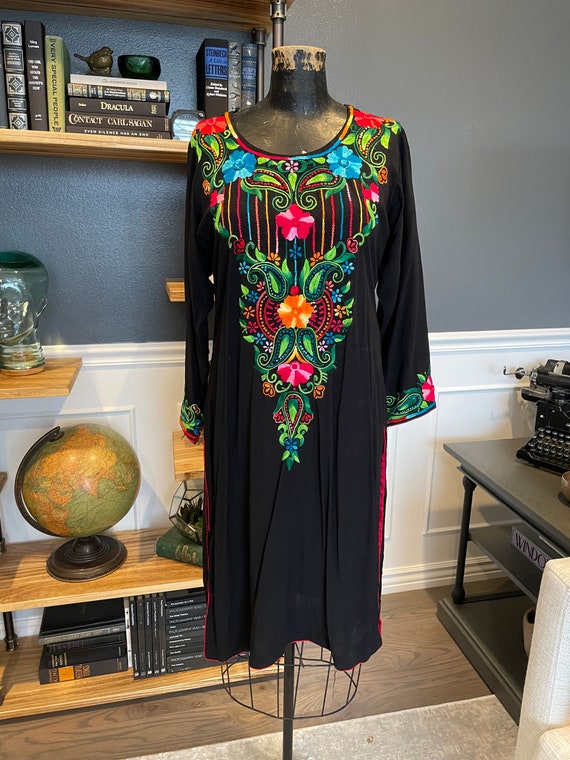 80s Mexican Dress Black, Floral Dress Bright Flowe