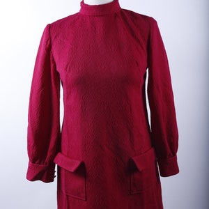 1960&#39;s, Maroon, Turtle Neck, Heavy Cotton, Dress, Home Made, Closed Collar, Long Sleeves, Pockets, Zipper, Clothes, Vintage ~ 20-01-79