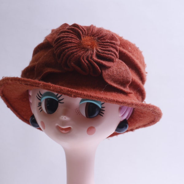 Women's Orange Felted Wool Hat, Winter, Floral Hat, Woven Rosette, Ladies, Classic, Retro Style, Stylish, Headwear, ~ 230826-GS 450