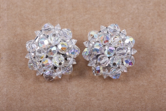 Vintage Clip on Earrings Crystal Clear Circle Sparkling Flowers