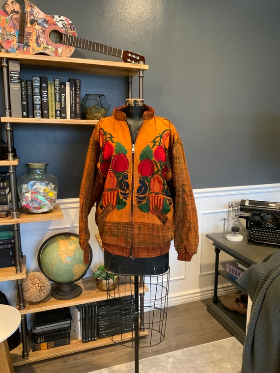 80s Orange, Floral, Jacket, Cotton, Bomber, Long … - image 1