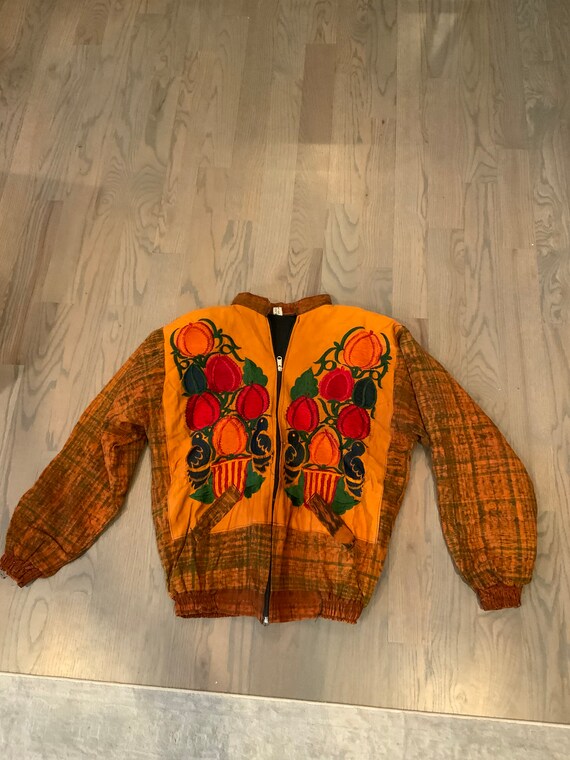 80s Orange, Floral, Jacket, Cotton, Bomber, Long … - image 7