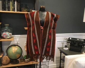 70s Brown, Striped, Poncho, Warm, Coat, Floral Pattern, 33 x 24", Ethnic, Western, Fashion, Clothing, Outfit, Vintage, ~ 20-01-1152