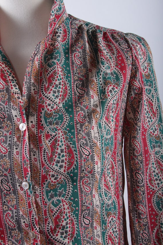 70s Blouse, Red, Green, Paisley, Patterns, Long Sl