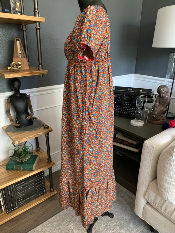 Brown-Orange, Floral, Long Dress, 1970s, Short Sl… - image 4