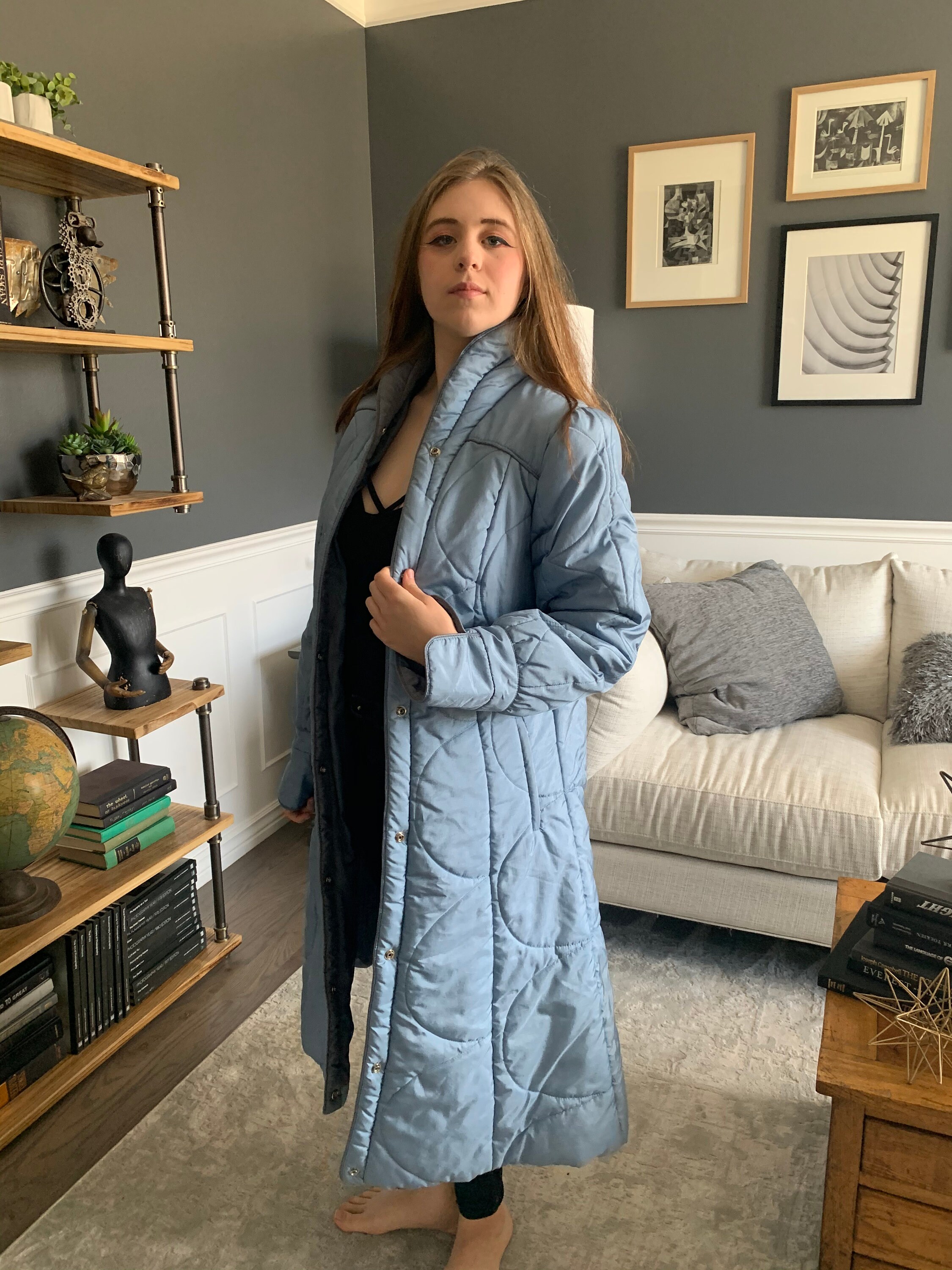 1980s Blue, Warm, Long, Puffy Coat, Jacket, Long Sleeve, Side