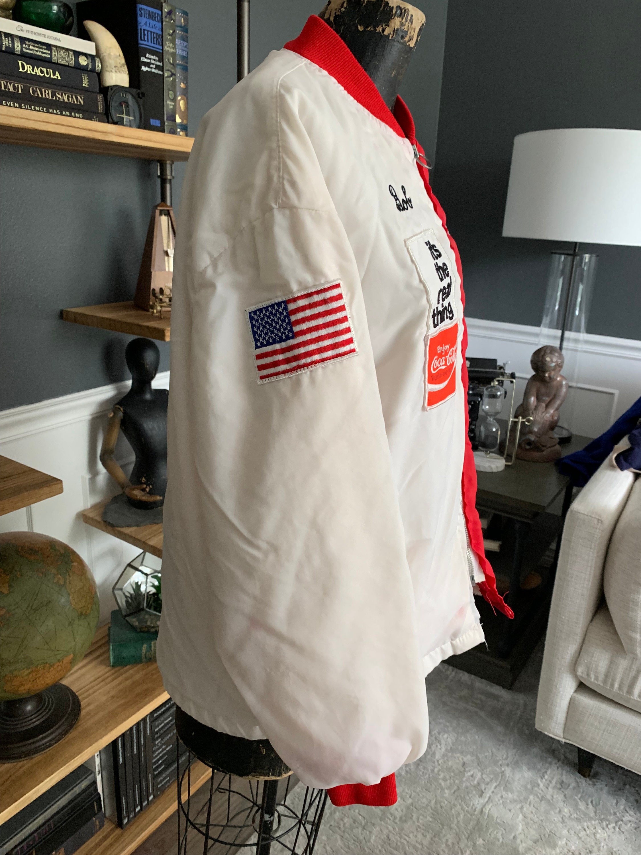 Coca-cola, Racing Jacket, White Red, US Flag Patch, Band Collar