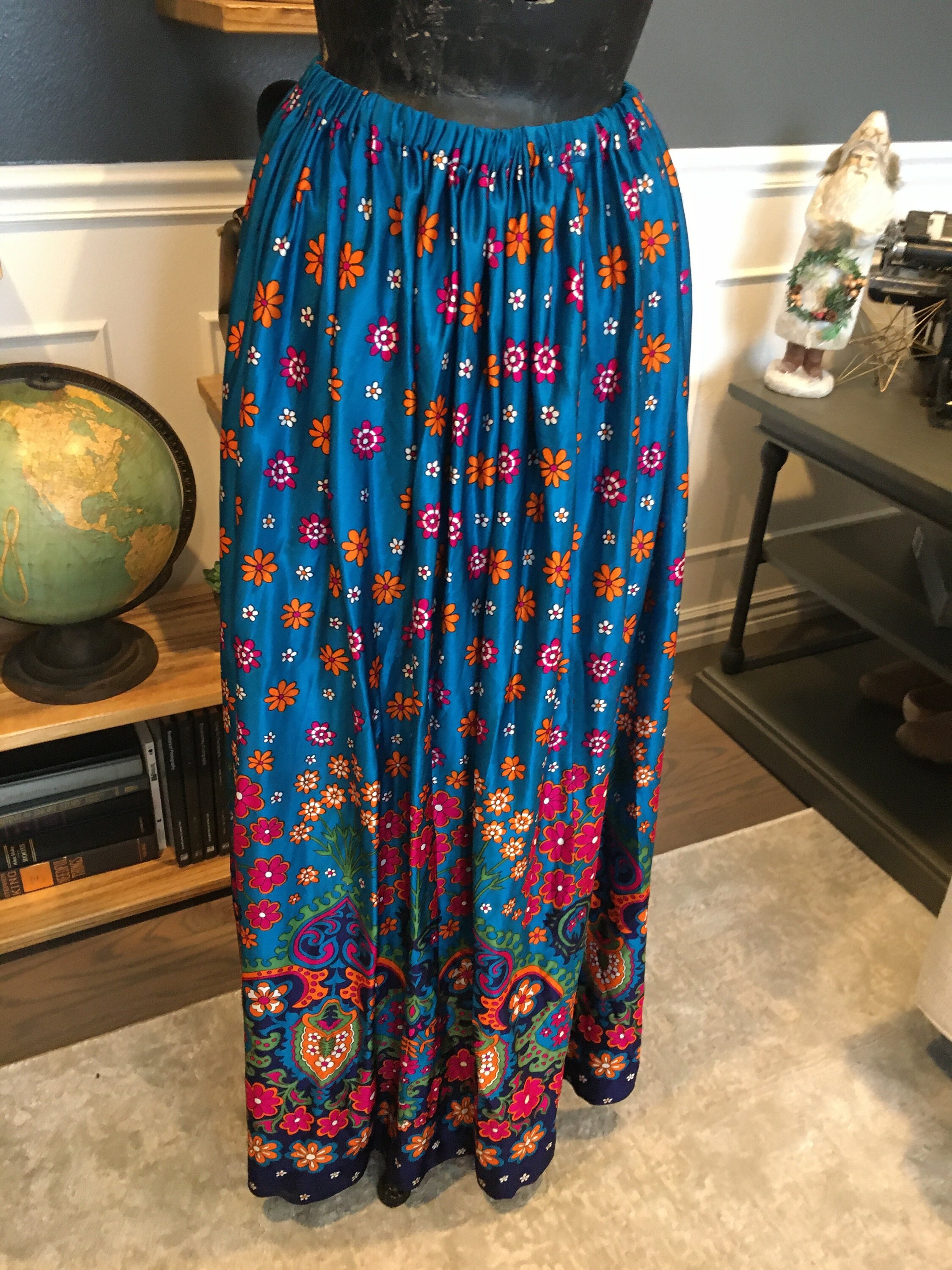 Blue, Floral, Long Skirt, 41" Long, Bright Flowers, Elastic Waist, Boho, Summer, Fashion, Clothes, Outfit, Vintage, ~ 20-35-1239