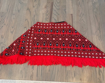 Poncho, Red, Geometric Pattern, Fringe, Warm, Ethnic, Western, Fashion, Clothing, Outfit, Vintage, ~20-01-779