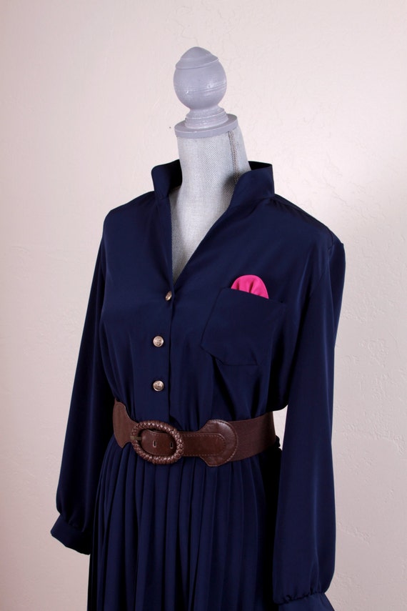 flowy business dress Vintage 1970's Navy Blue Flowy Business Dress With Pleats Sz Medium Large  6, 8, 10 ~ 1057
