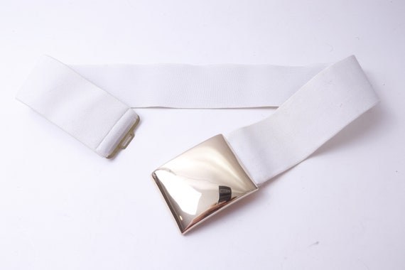 80s White, Belt, Fabric, Golden Plate Buckle, Solid Color  display picture 2