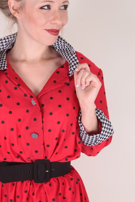 Red Polka Dot Dress, Houndstooth Sleeves and Coll… - image 5