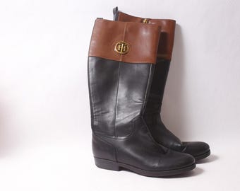 Tommy Hilfiger Women's Riding Boots 8 1/2 Knee High Black and Brown ~ 260302-WH 1018