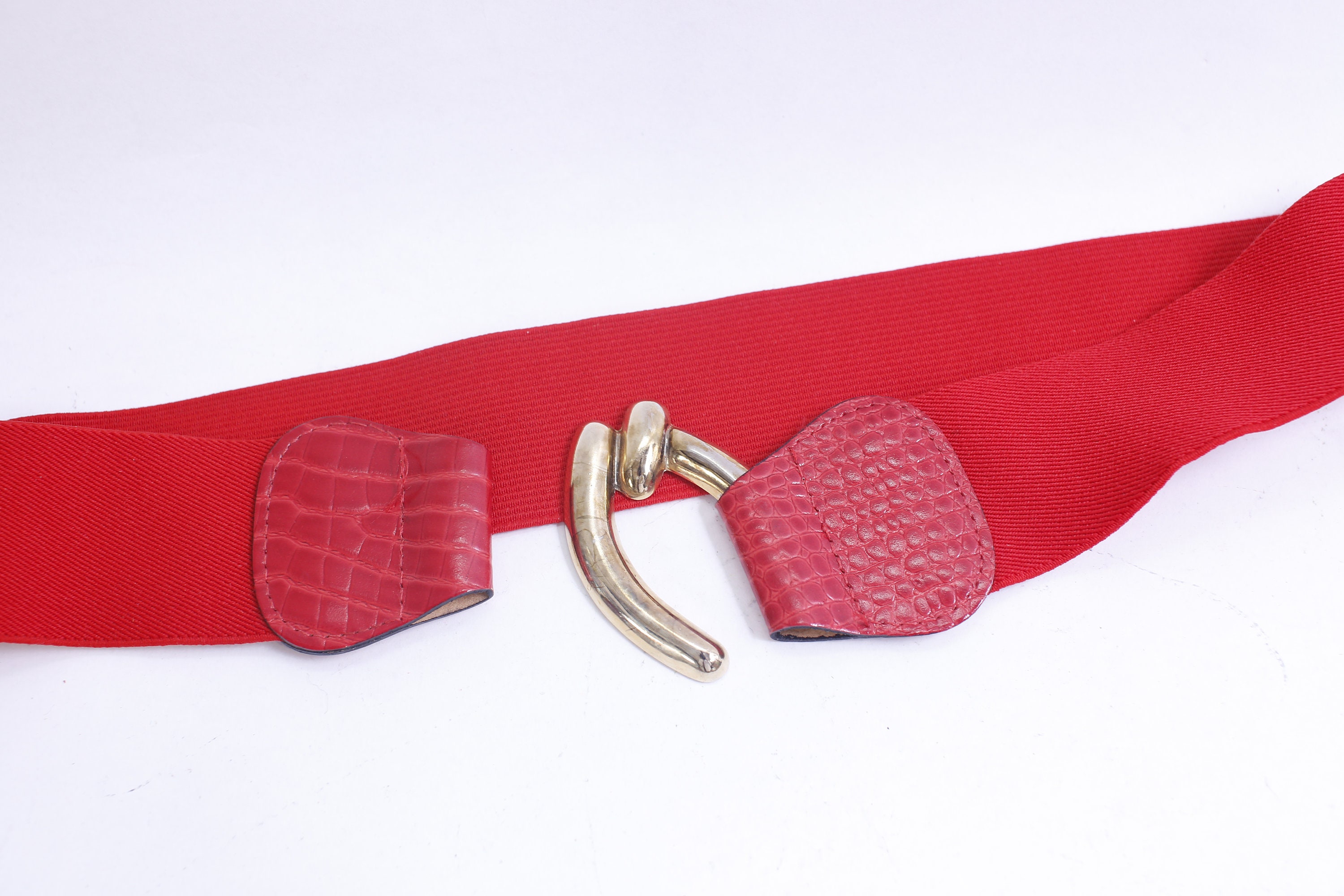 Red 80s Belt With Gold Buckle, Stretchable, One Size Fits  display picture 3