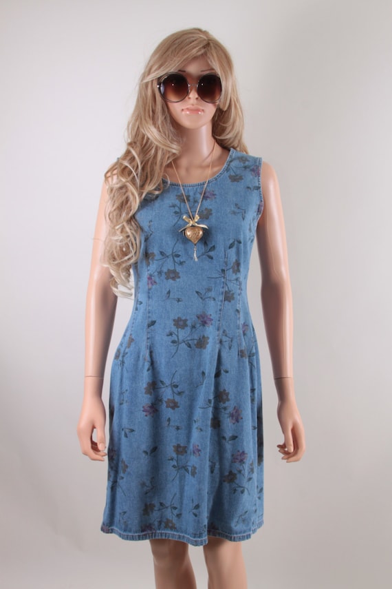 Amazing Denim Shift Dress - Floral Dress with Butt