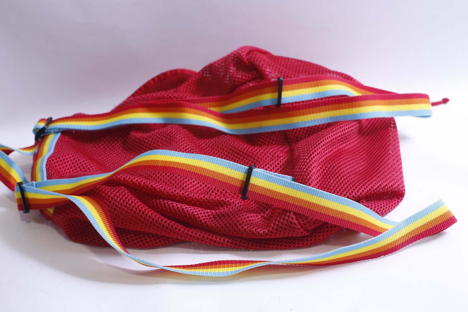 Netted Drawstring Backpack Red Netted Backpack With Rainbow Straps, Drawstring, Stylish, Unique ...
