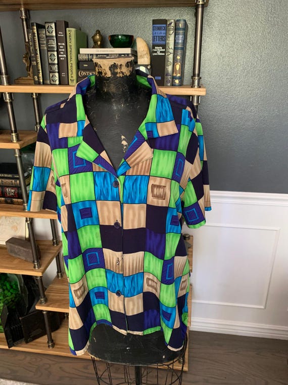 Bright Checked Blouse, Notations, Collared, Deep … - image 1