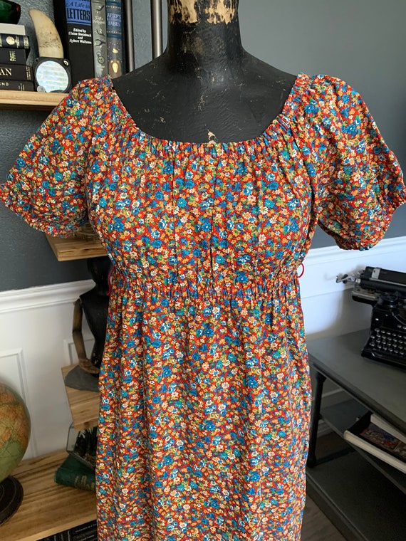 Brown-Orange, Floral, Long Dress, 1970s, Short Sl… - image 2