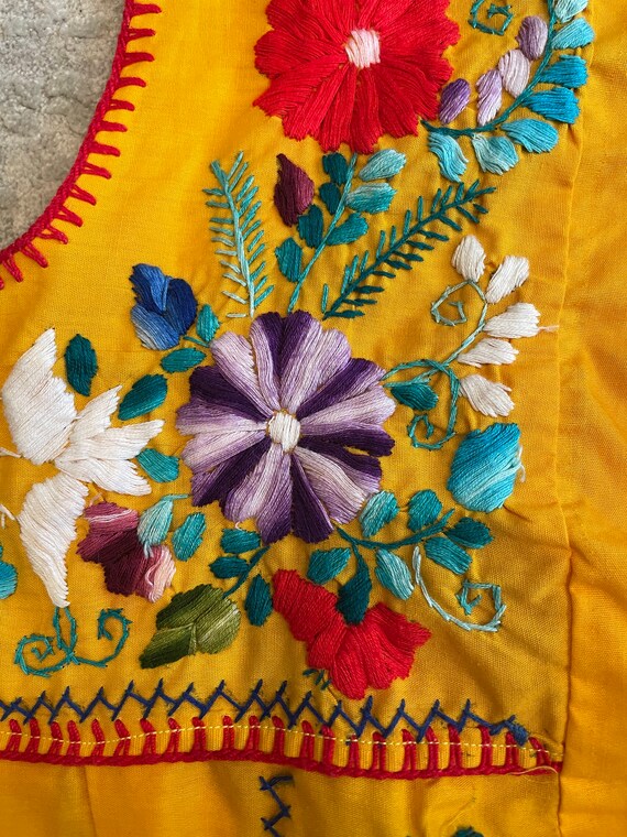 70s Mexican Dress Yellow, Floral, Long Dress, Shift Dress