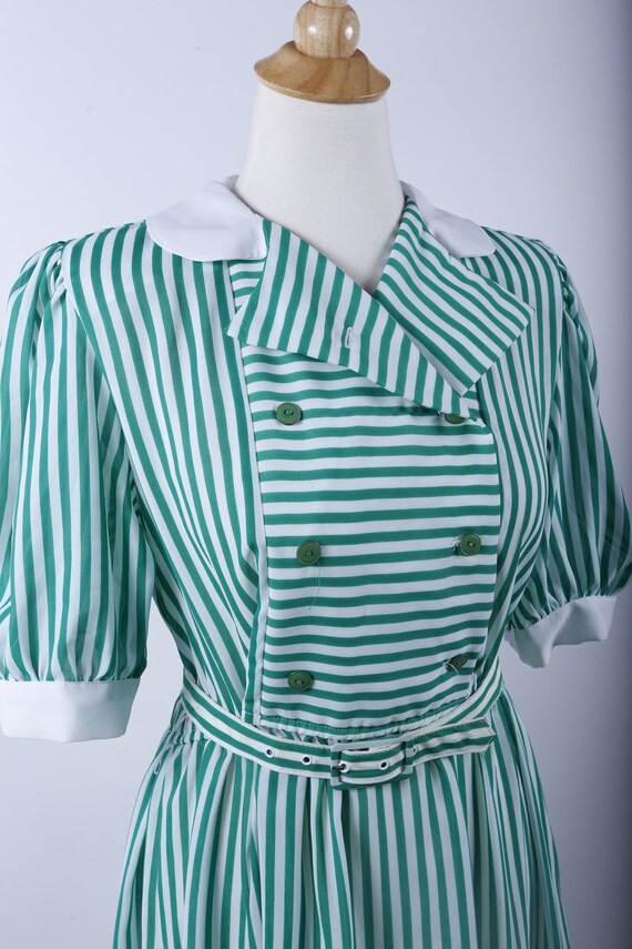 70s Dress, Striped, White, Green, Belt, Short Sle… - image 1