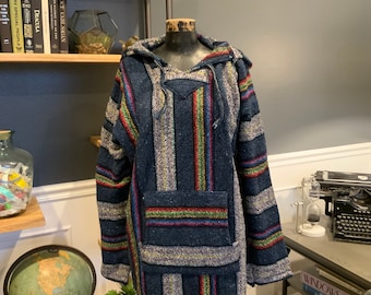 Jaren '90 Poncho Blauwgrijs, Gestreept, Hoodie, Pullover, Lange Mouw, Zakken, Boho, Hippie, Mode, Kleding, Outfit Vintage, ~ 1167
