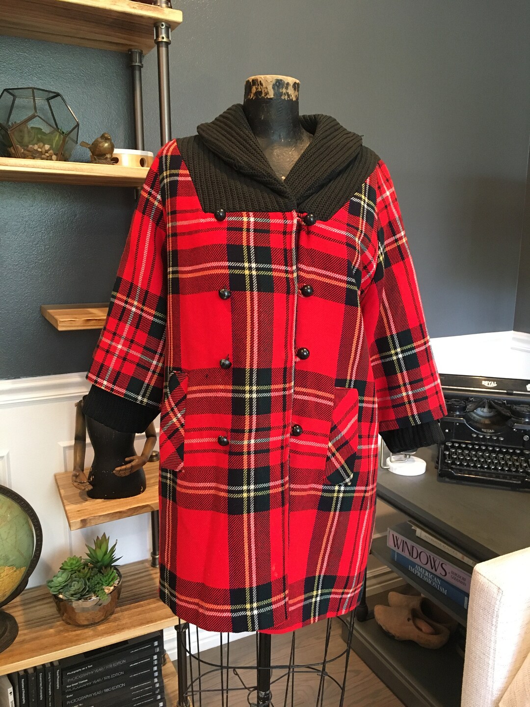 70s Red, Plaid, Tartan, Long Coat, Closed Neck, Long Wide Sleeve