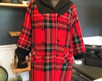 70s Red, Plaid, Tartan, Long Coat, Closed Neck, Long Wide Sleeve, Buttons, Winter, Warm, Fashion, Outfit, Vintage, ~ 20-01-1153