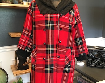 70s Red, Plaid, Tartan, Long Coat, Closed Neck, Long Wide Sleeve, Buttons, Winter, Warm, Fashion, Outfit, Vintage, ~ 20-01-1153