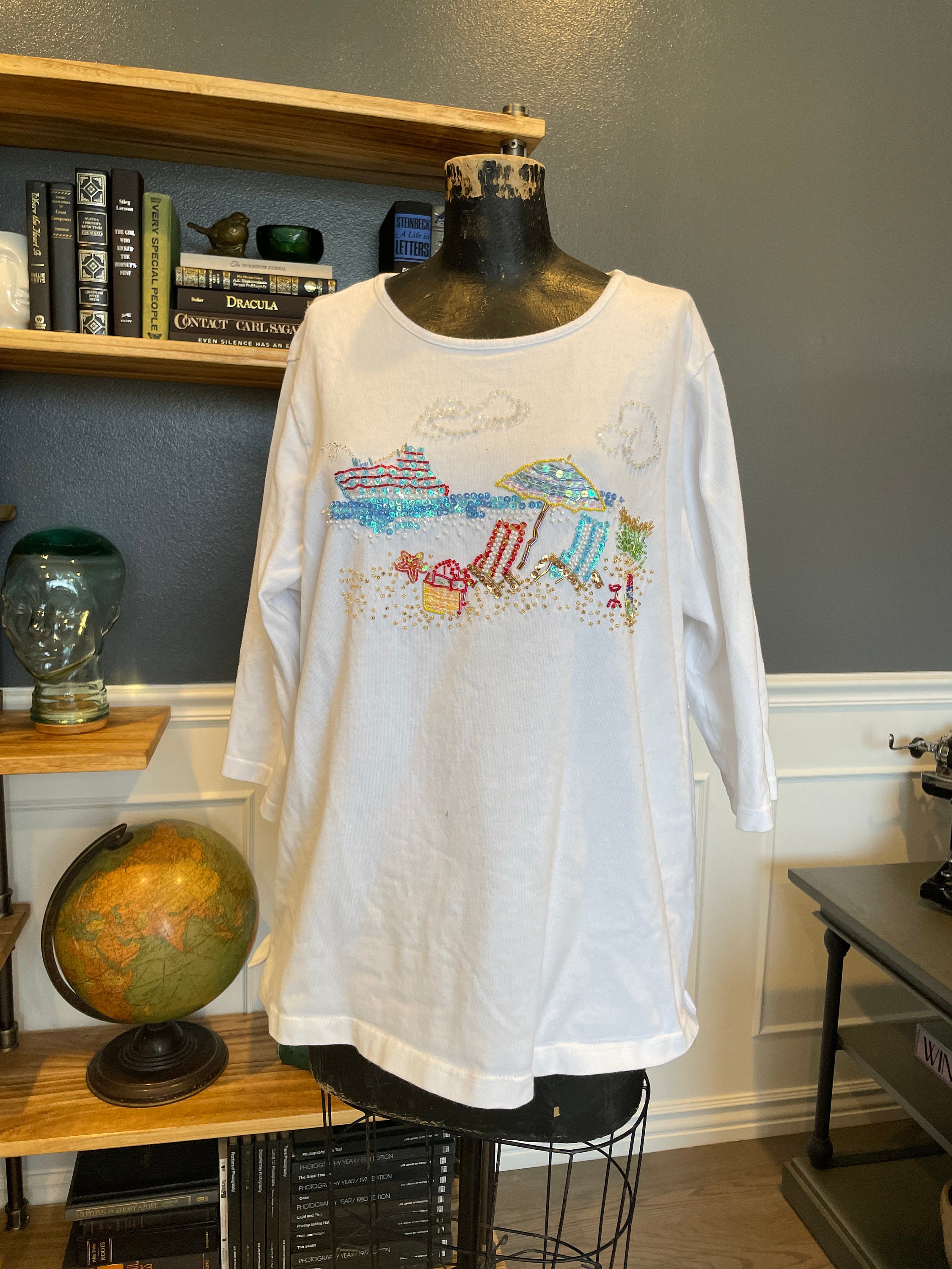 90s White, Beaded, Sweatshirt, Beach, Tropic, Pullover, Half