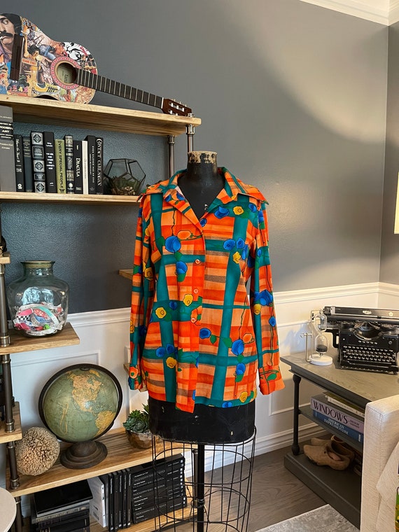 70s Orange Green, Floral, Plaid, Blouse, Shirt, Long Sleeve, Open 