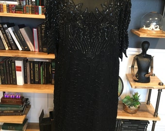 80s Black, Beaded, Sparkling, Dress, Scoop Neck, Half Sleeve, Back Zipper, Evening, Party, Fashion, Outfit, Vintage, ~ 20-35-1245