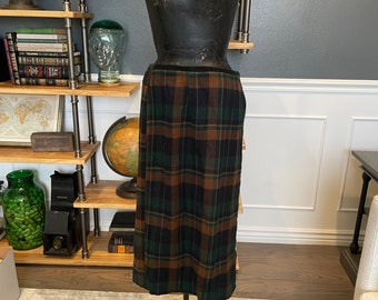 70s Green-Orange, Plaid, Tartan, Long Skirt, 30" Long, Elastic Waist, Button, Classic Fashion, Warm Clothing, Outfit, Vintage, ~ 20-01-769