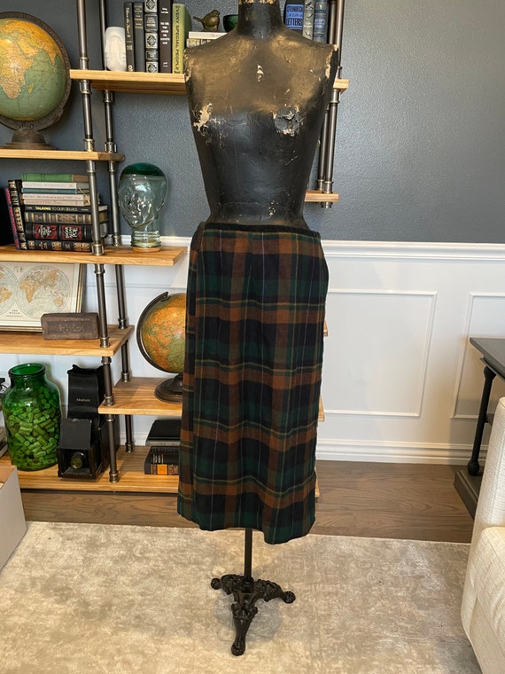 70s Green-Orange, Plaid, Tartan, Long Skirt, 30" … - image 1