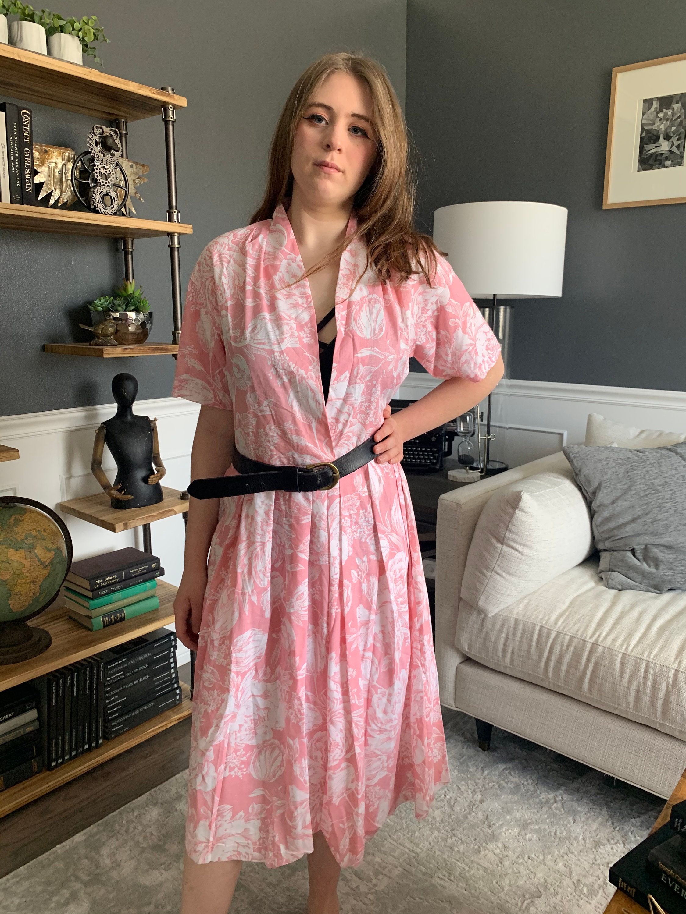 V-Neck Floral Print Pocket Half Sleeve Dress