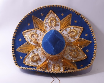 Salazar Yepez, Sombrero Hat, Blue and Gold, Mexico, Embroidered