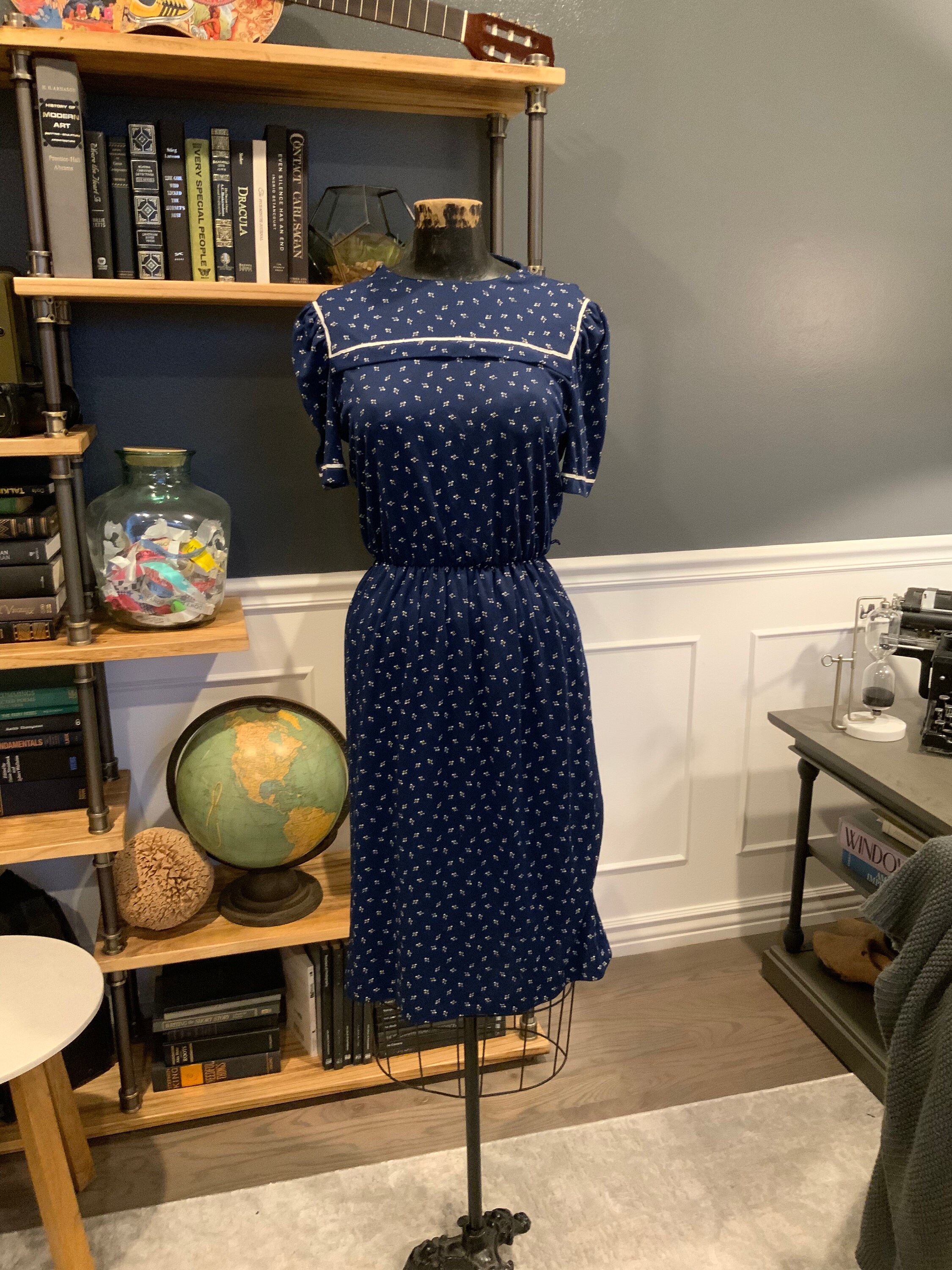 70s New Raves, Dark Blue, Dotted, Dress, Closed Neck, Fitted, Short Sleeve,  Back Buttons, Summer, Old Fashion, Outfit, Vintage, ~ 1007