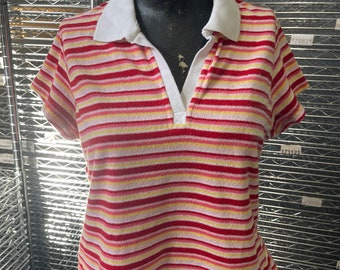 Catalina, Gestreiftes Frauen T-Shirt, Polo, Weißer Kragen, Rote Streifen, Größe M, Sommer, Mode, Kleidung, Outfit, Vintage, ~230204-AHL-C 1191