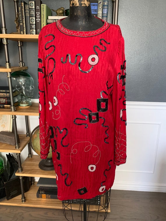 Red Abstract Dress, 1980s, Bright, Eye-catching, L