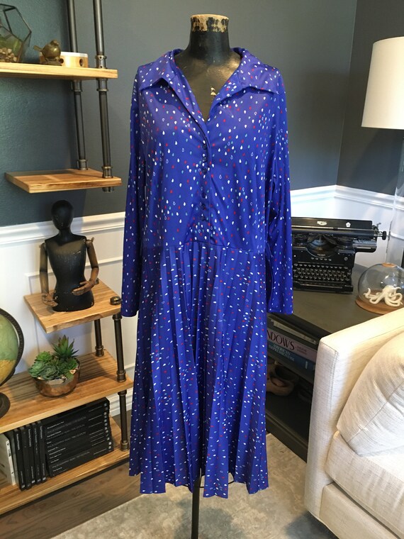 70s Blue, Dotted, Dress, Collared, Long Sleeve, Multi-colored Drops,  Buttons, Summer, Fashion, Clothes, Outfit, Vintage, ~ 20-01-1107 - Etsy