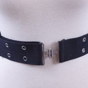 1990s Grunge Hip Hop Grommet Black Fabric Belt Two Lines Holes Clasp Buckle 34&quot; Clothes Outfit Vintage ~ 20-01-259